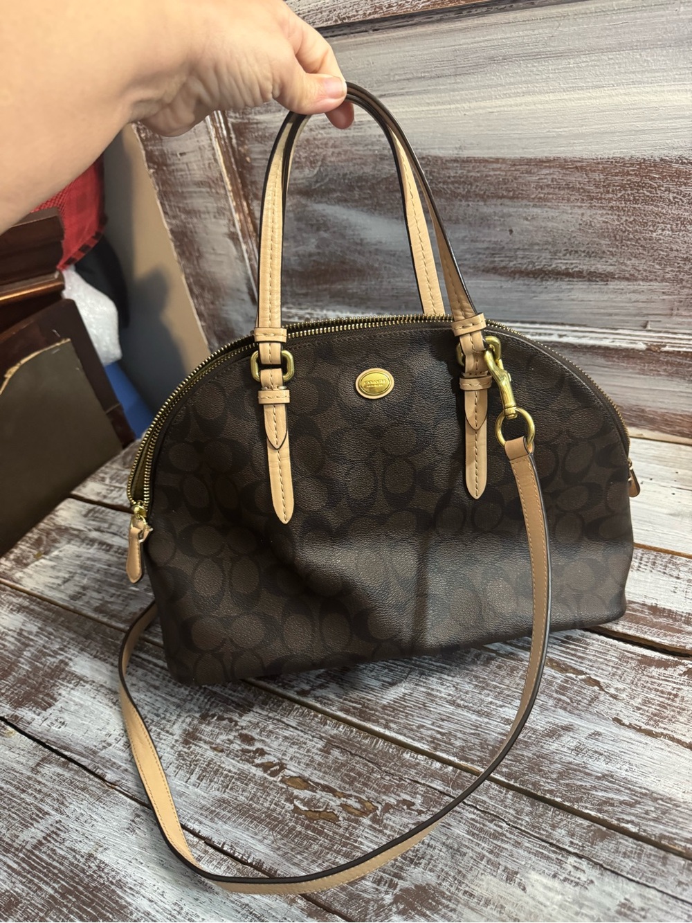 Coach Brown Signature Dome Satchel with Tan Leather Straps